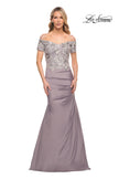 Picture of: Off the Shoulder Satin and Lace Beaded Mermaid Gown in Silver, Style: 30045, Main Picture