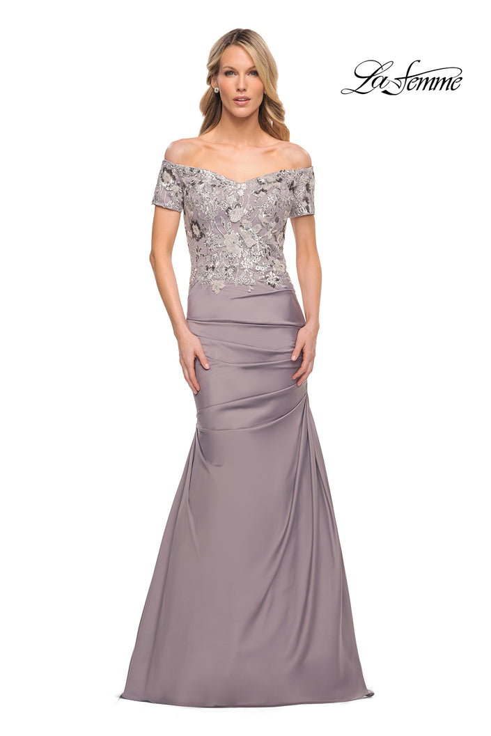 Picture of: Off the Shoulder Satin and Lace Beaded Mermaid Gown in Silver, Style: 30045, Main Picture