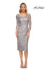 Picture of: Fitted Metallic Lace Below-the-Knee Dress in Silver, Style: 30097, Main Picture