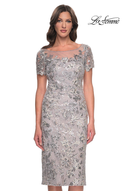 Picture of: Lace and Sequin Short Dress with Illusion Neckline in Silver, Style: 30854, Main Picture