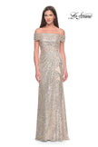 Picture of: Off the Shoulder Sequin Gown with Ruching in Silver, Style: 31772, Main Picture
