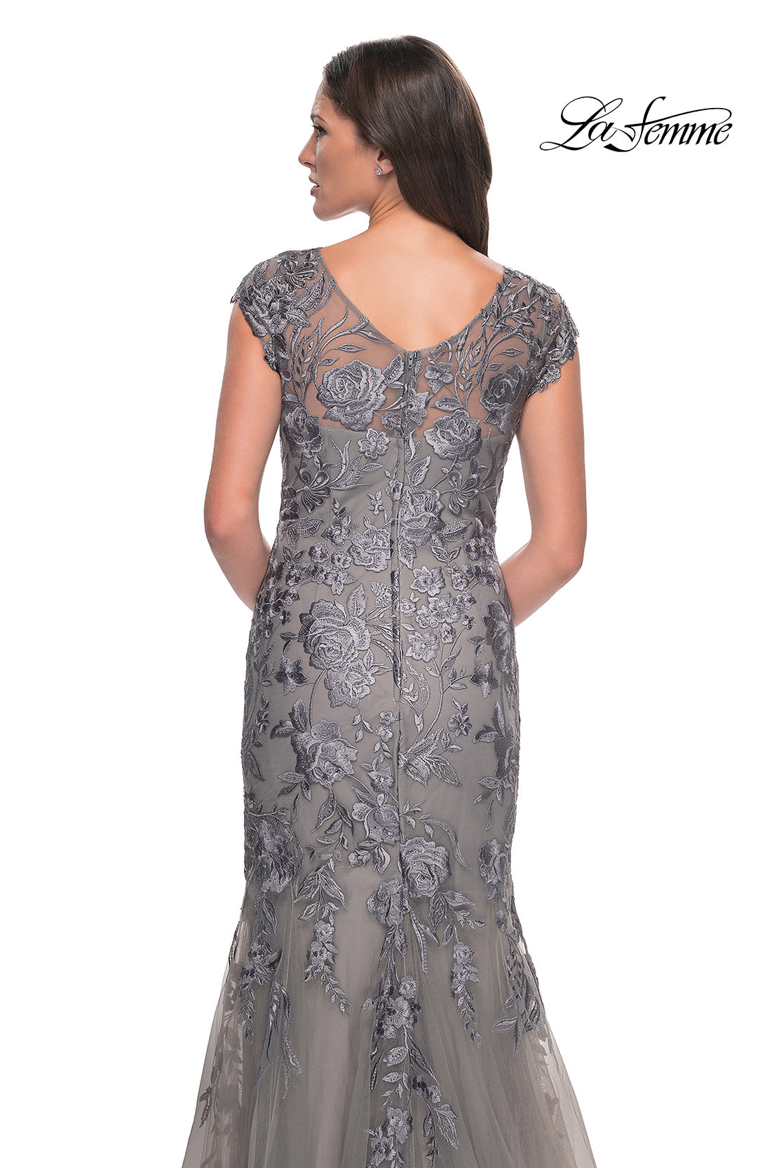 Picture of: Lace and Tulle Mermaid Gown with Cap Sleeves in Silver, Style: 30269, Detail Picture 10