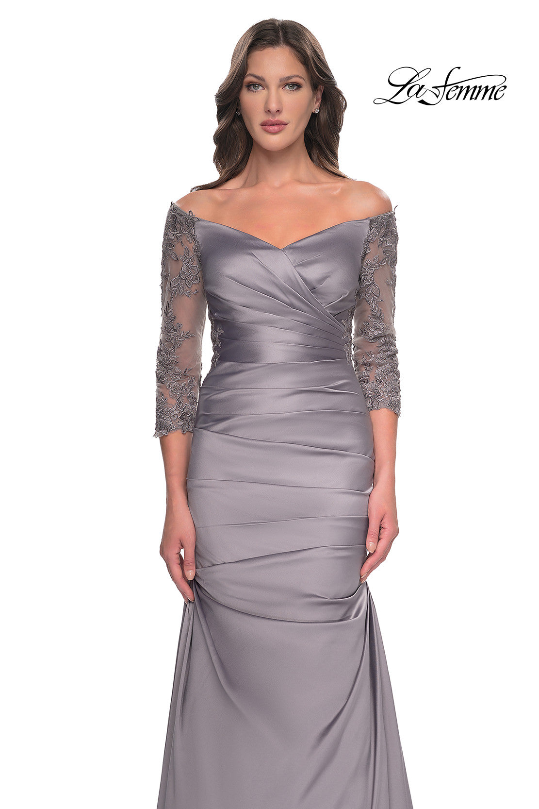 Picture of: Mermaid Satin Dress with Gathering and Off the Shoulder Top in Silver, Style: 30853, Detail Picture 11