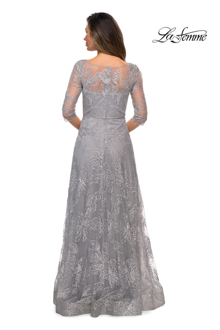 Picture of: A-line Lace Sequin Gown with Sheer Scoop Neckline in Silver, Style: 27942, Back Picture