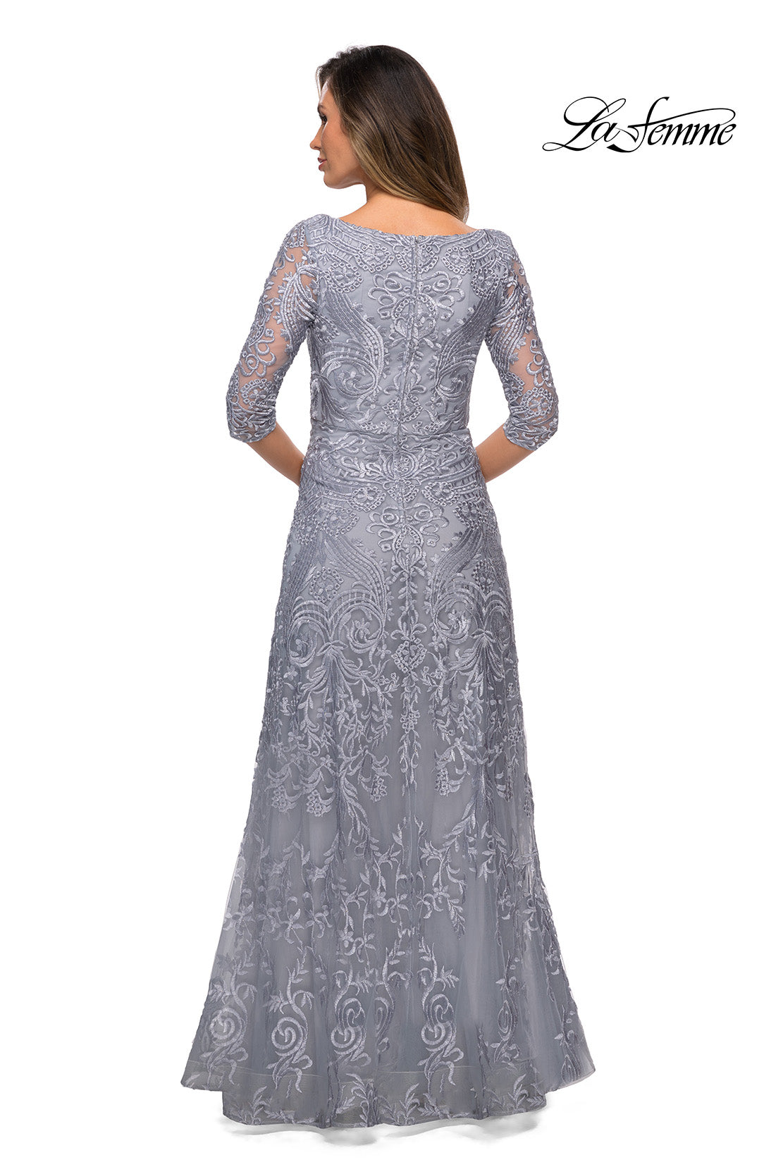 Picture of: Embroidered Lace Gown with V Neckline and Flare Skirt in Silver, Style: 27949, Main Picture