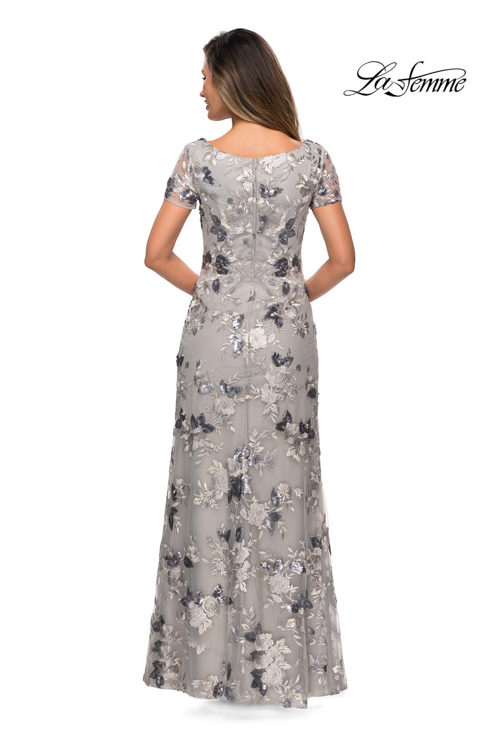Picture of: Floral Short Sleeve Formal Dress with Scoop Neck in Silver, Style: 27991, Back Picture