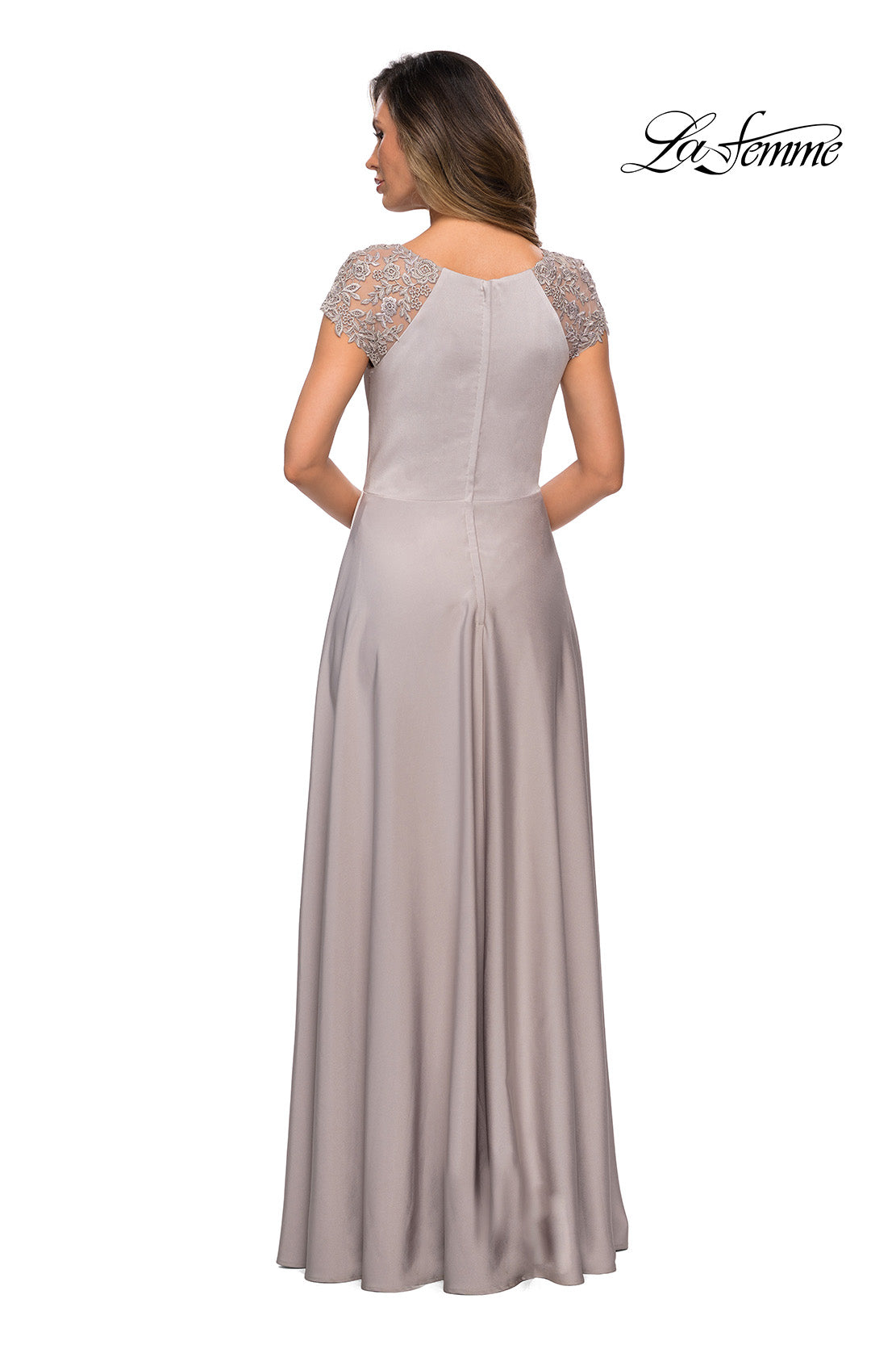 Picture of: Long Satin Dress with Sheer Floral Lace Cap Sleeves in Silver, Style: 28100, Back Picture