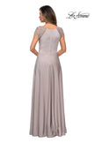 Picture of: Long Satin Dress with Sheer Floral Lace Cap Sleeves in Silver, Style: 28100, Back Picture