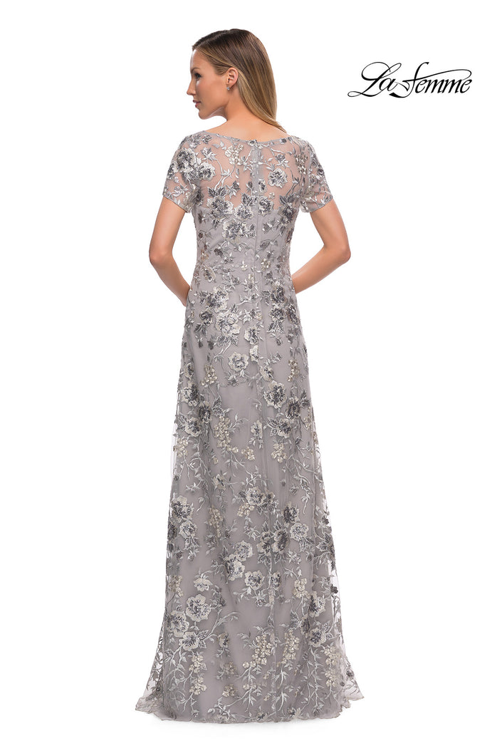 Picture of: Silver Lace and Sequin Long Gown with Short Sleeves in Silver, Back Picture