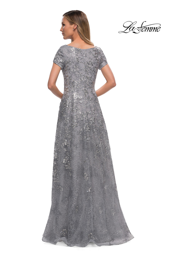 Picture of: Long Lace Mother of the Bride Gown with V Neckline in Silver, Back Picture