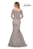 Picture of: Satin Mermaid Gown with Off the Shoulder Lace Bodice in Silver, Back Picture