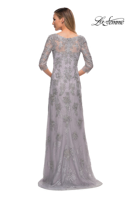 Picture of: Column Lace Mother of the Bride Dress with V Neckline in Silver, Back Picture