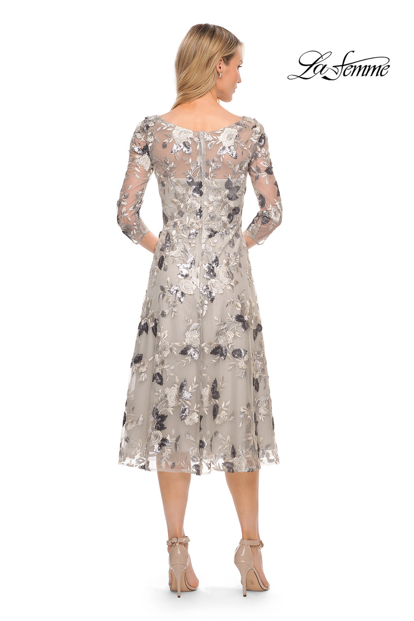 Picture of: Tea Length Lace and Sequin Embellished Dress in Silver, Style: 29988, Back Picture