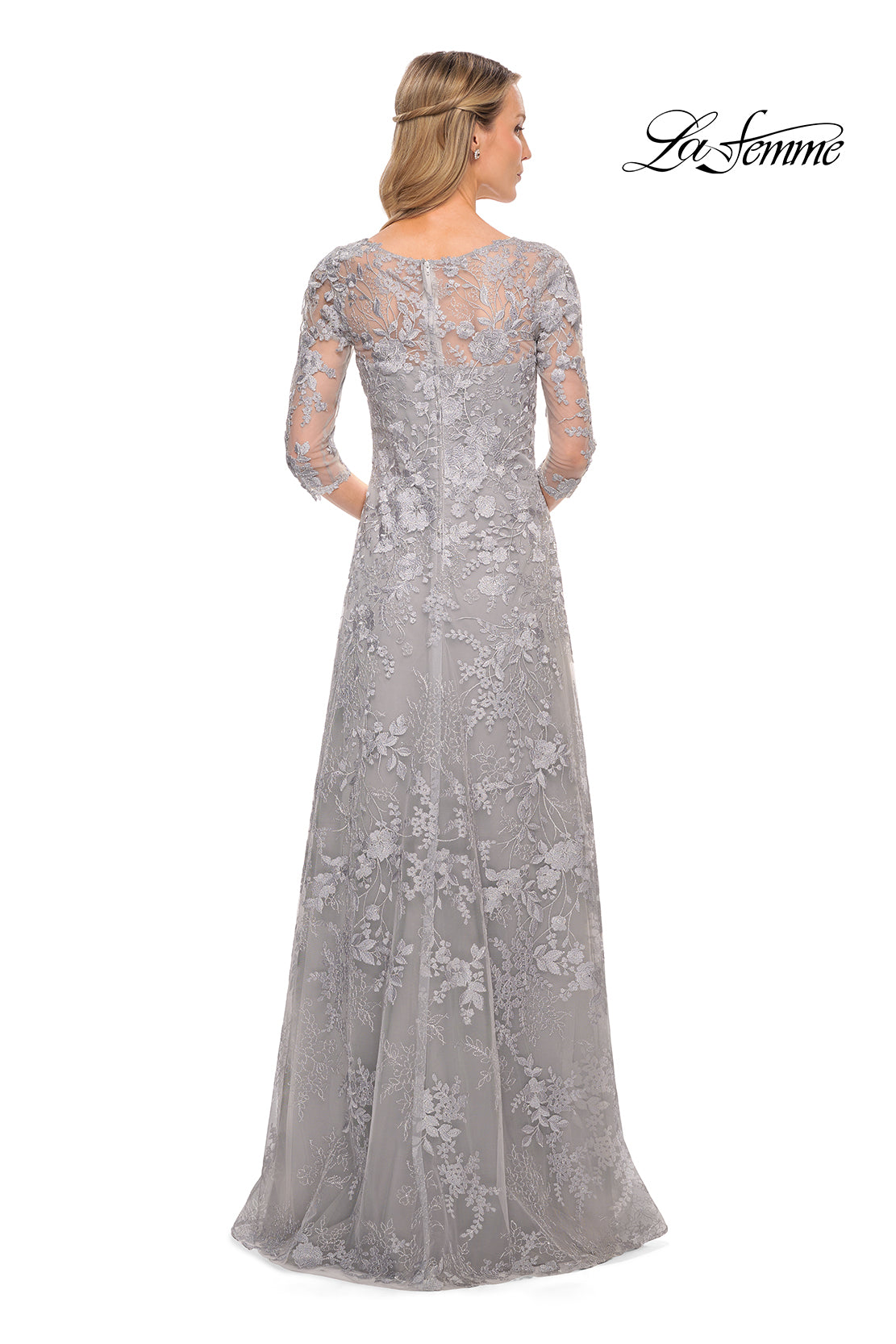 Picture of: Long Lace Evening Dress with V Neckline and Sleeves in Silver, Style: 29989, Back Picture