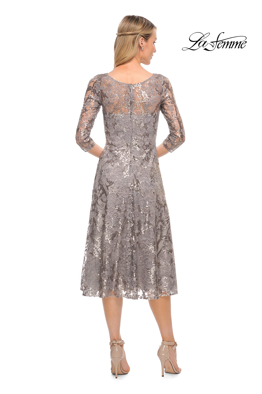Picture of: Lace Metallic Tea Length Dress with Three-Quarter Sleeves in Silver, Style: 29993, Back Picture