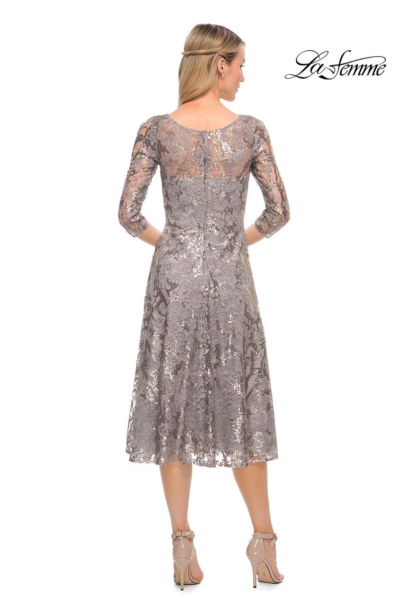 Picture of: Lace Metallic Tea Length Dress with Three-Quarter Sleeves in Silver, Style: 29993, Back Picture