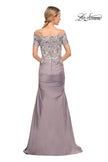 Picture of: Off the Shoulder Satin and Lace Beaded Mermaid Gown in Silver, Style: 30045, Back Picture