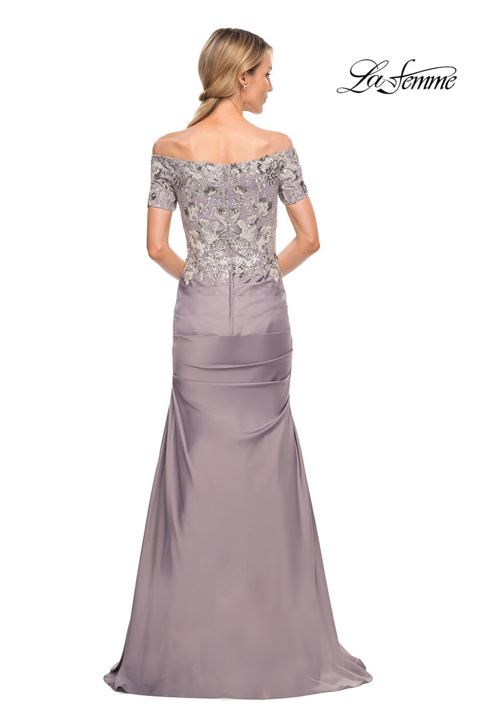 Picture of: Off the Shoulder Satin and Lace Beaded Mermaid Gown in Silver, Style: 30045, Back Picture