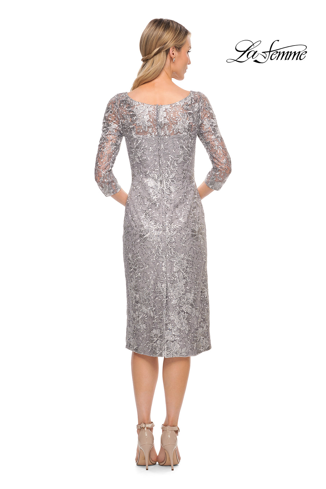 Picture of: Fitted Metallic Lace Below-the-Knee Dress in Silver, Style: 30097, Back Picture