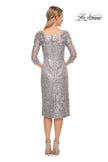 Picture of: Fitted Metallic Lace Below-the-Knee Dress in Silver, Style: 30097, Back Picture