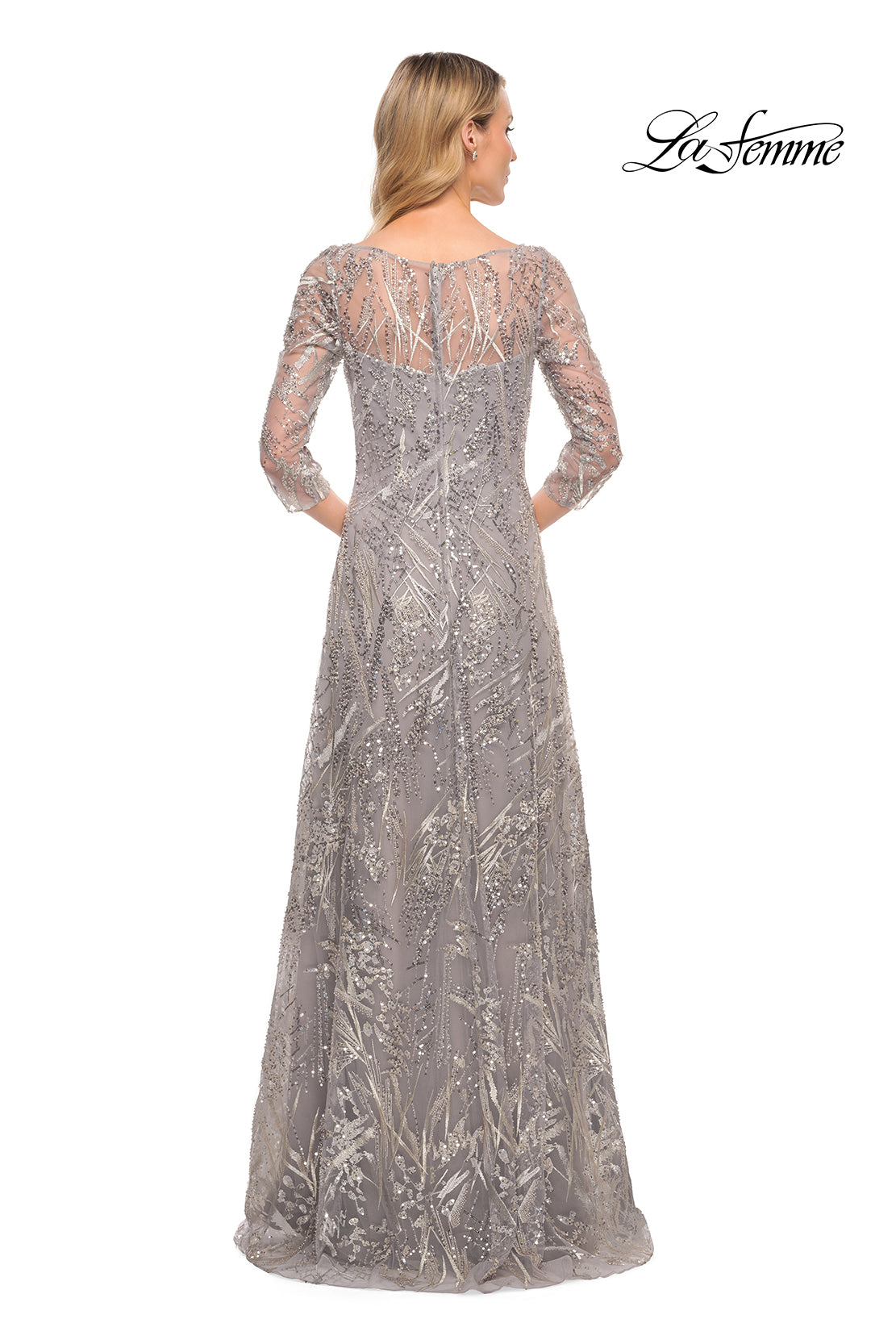 Picture of: Long Evening Gown with Unique Lace Beaded Design in Silver, Style: 30161, Back Picture