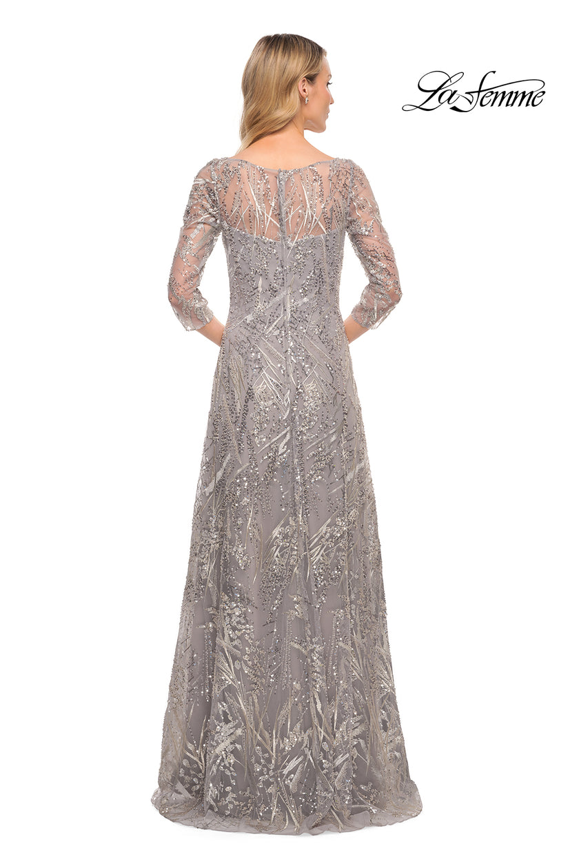 Picture of: Long Evening Gown with Unique Lace Beaded Design in Silver, Style: 30161, Back Picture