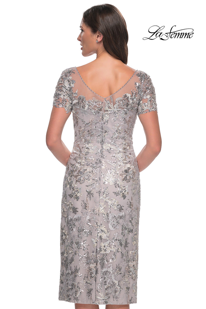 Picture of: Lace and Sequin Short Dress with Illusion Neckline in Silver, Style: 30854, Back Picture