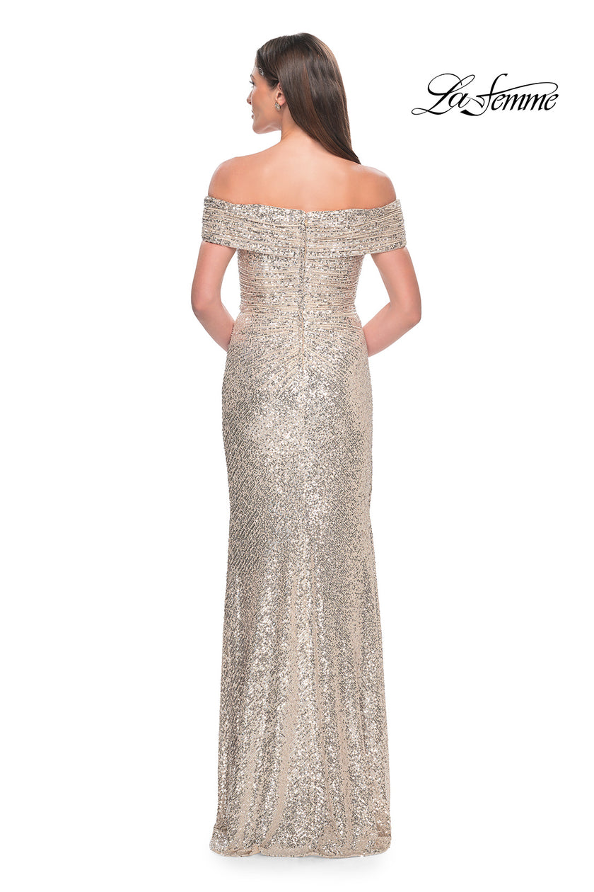 Picture of: Off the Shoulder Sequin Gown with Ruching in Silver, Style: 31772, Back Picture