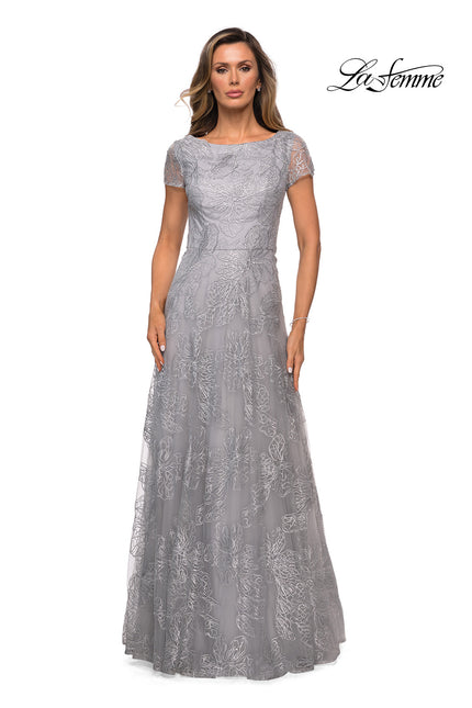 Picture of: Sequin Lace A-line Gown with Sheer Short Sleeves in Silver, Style: 27837, Detail Picture 1