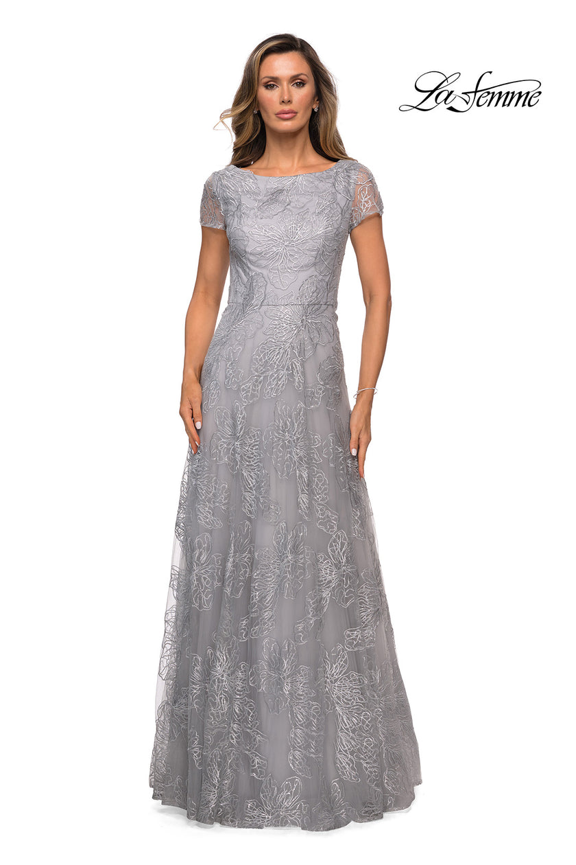 Picture of: Sequin Lace A-line Gown with Sheer Short Sleeves in Silver, Style: 27837, Detail Picture 1