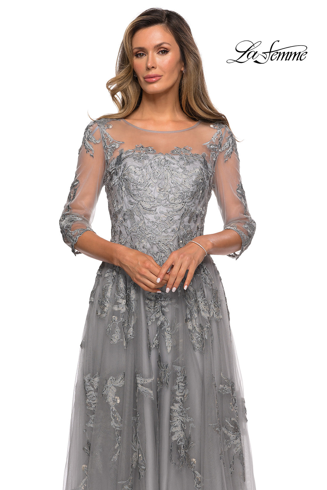Picture of: A-line Evening Gown with Floral Embellishments in Silver, Style: 27944, Detail Picture 1