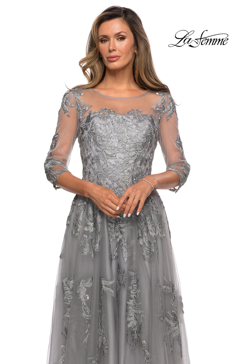 Picture of: A-line Evening Gown with Floral Embellishments in Silver, Style: 27944, Detail Picture 1