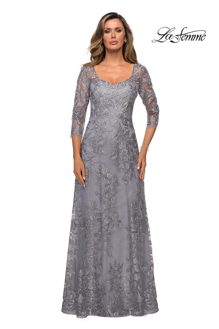 Picture of: Long Lace A-line Three Quarter Sleeve Gown in Silver, Style: 28053, Detail Picture 1