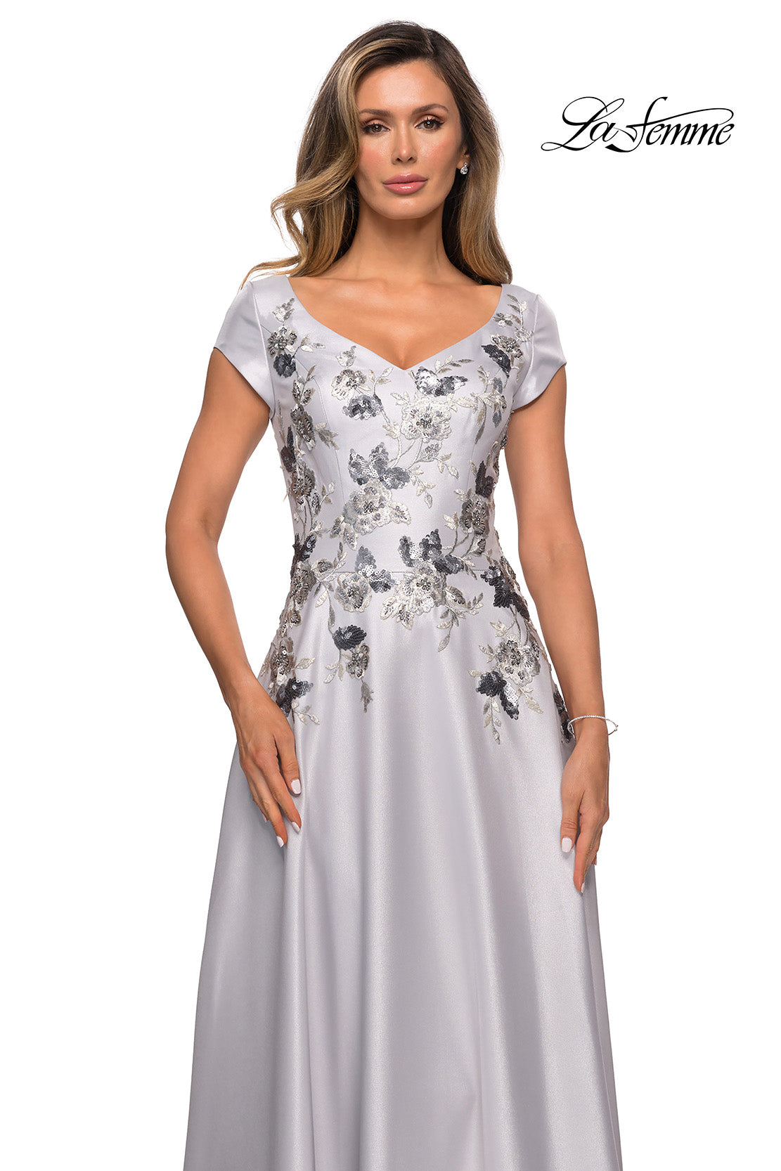 Picture of: Modern A-line Gown with Floral Bodice and Cap Sleeves in Silver, Style: 28105, Detail Picture 1