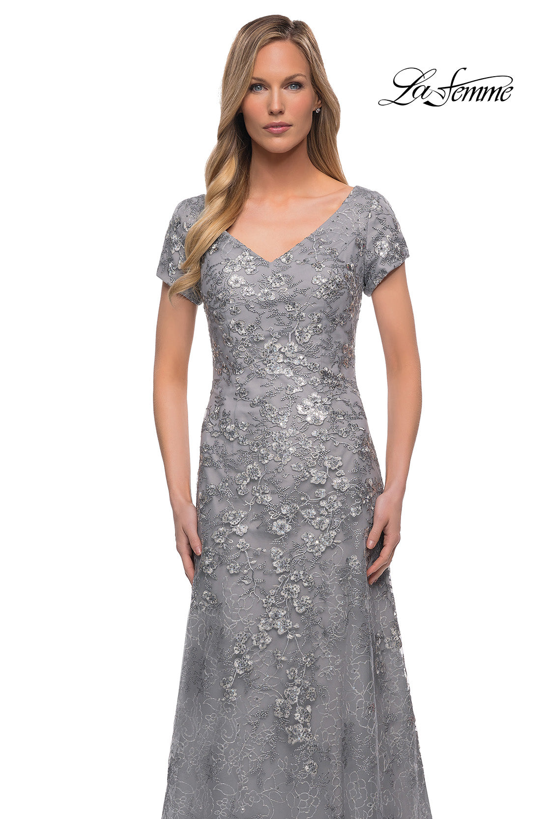 Picture of: Long Lace Mother of the Bride Gown with V Neckline in Silver, Detail Picture 1