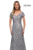 Picture of: Long Lace Mother of the Bride Gown with V Neckline in Silver, Detail Picture 1