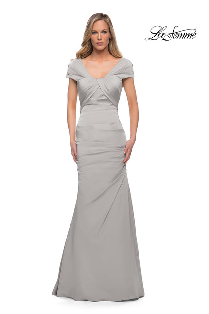Picture of: Lovely Ruched Mermaid Satin Gown with Unique Neckline in Silver, Detail Picture 1