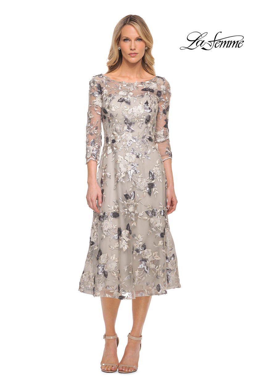 Picture of: Tea Length Lace and Sequin Embellished Dress in Silver, Style: 29988, Detail Picture 1