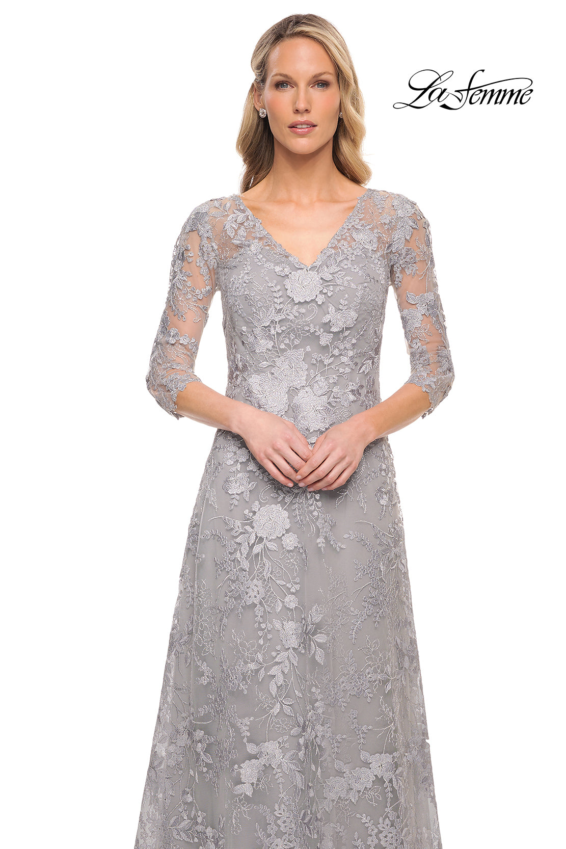 Picture of: Long Lace Evening Dress with V Neckline and Sleeves in Silver, Style: 29989, Detail Picture 1