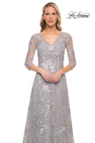 Picture of: Long Lace Evening Dress with V Neckline and Sleeves in Silver, Style: 29989, Detail Picture 1