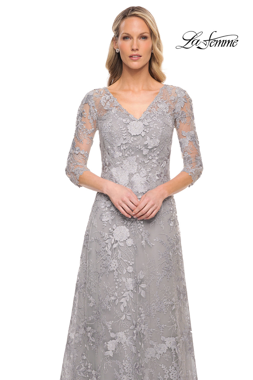 Picture of: Long Lace Evening Dress with V Neckline and Sleeves in Silver, Style: 29989, Detail Picture 1
