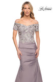 Picture of: Off the Shoulder Satin and Lace Beaded Mermaid Gown in Silver, Style: 30045, Detail Picture 1