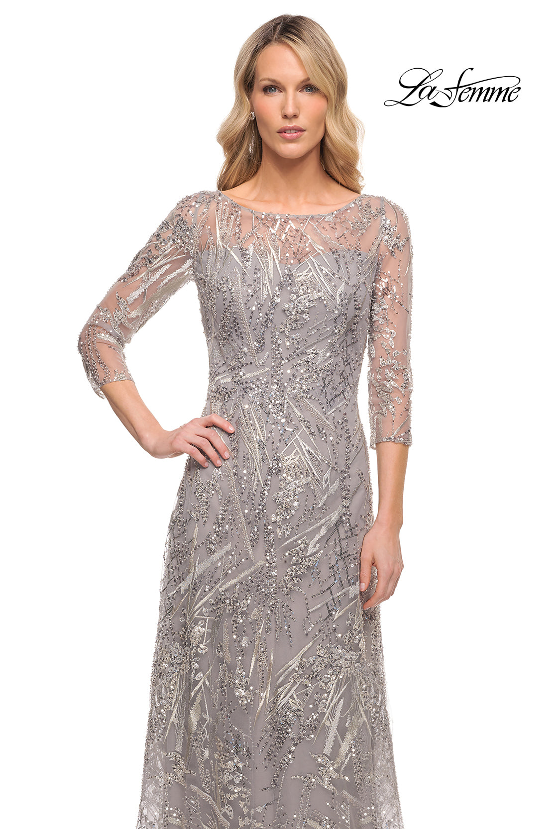 Picture of: Long Evening Gown with Unique Lace Beaded Design in Silver, Style: 30161, Detail Picture 1