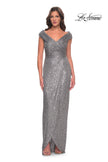 Picture of: Sequin Long Evening Dress with Ruching and V Neck in Silver, Style: 30326, Detail Picture 1
