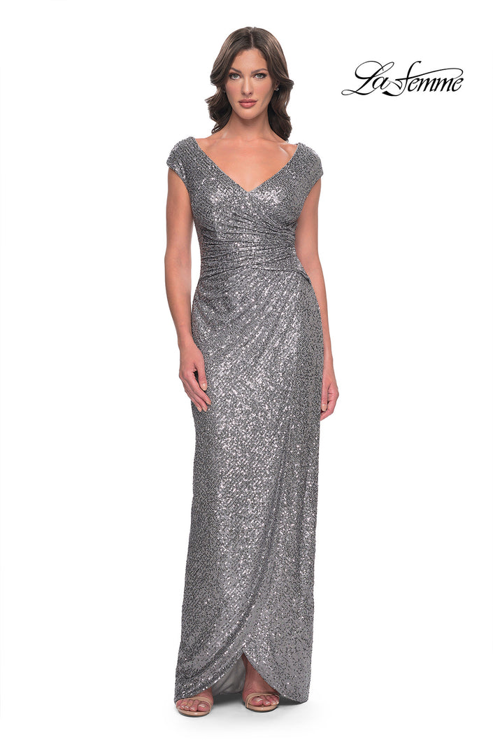 Picture of: Sequin Evening Dress with Ruching and V Neckline in Silver, Style: 30865, Detail Picture 1
