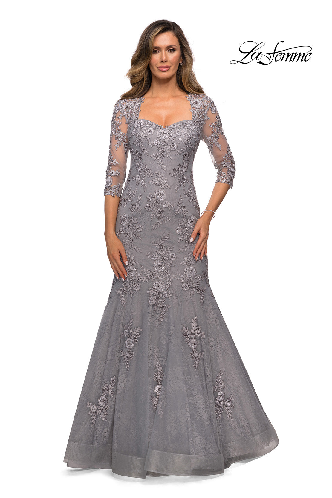 Picture of: Long Lace Mermaid Gown with Square Neckline in Silver, Style: 28033, Detail Picture 2