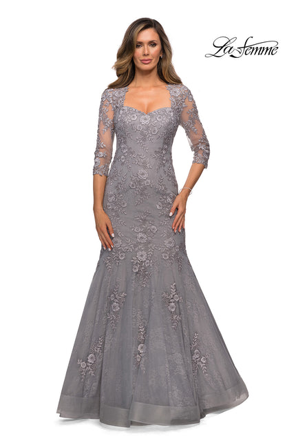 Picture of: Long Lace Mermaid Gown with Square Neckline in Silver, Style: 28033, Detail Picture 2