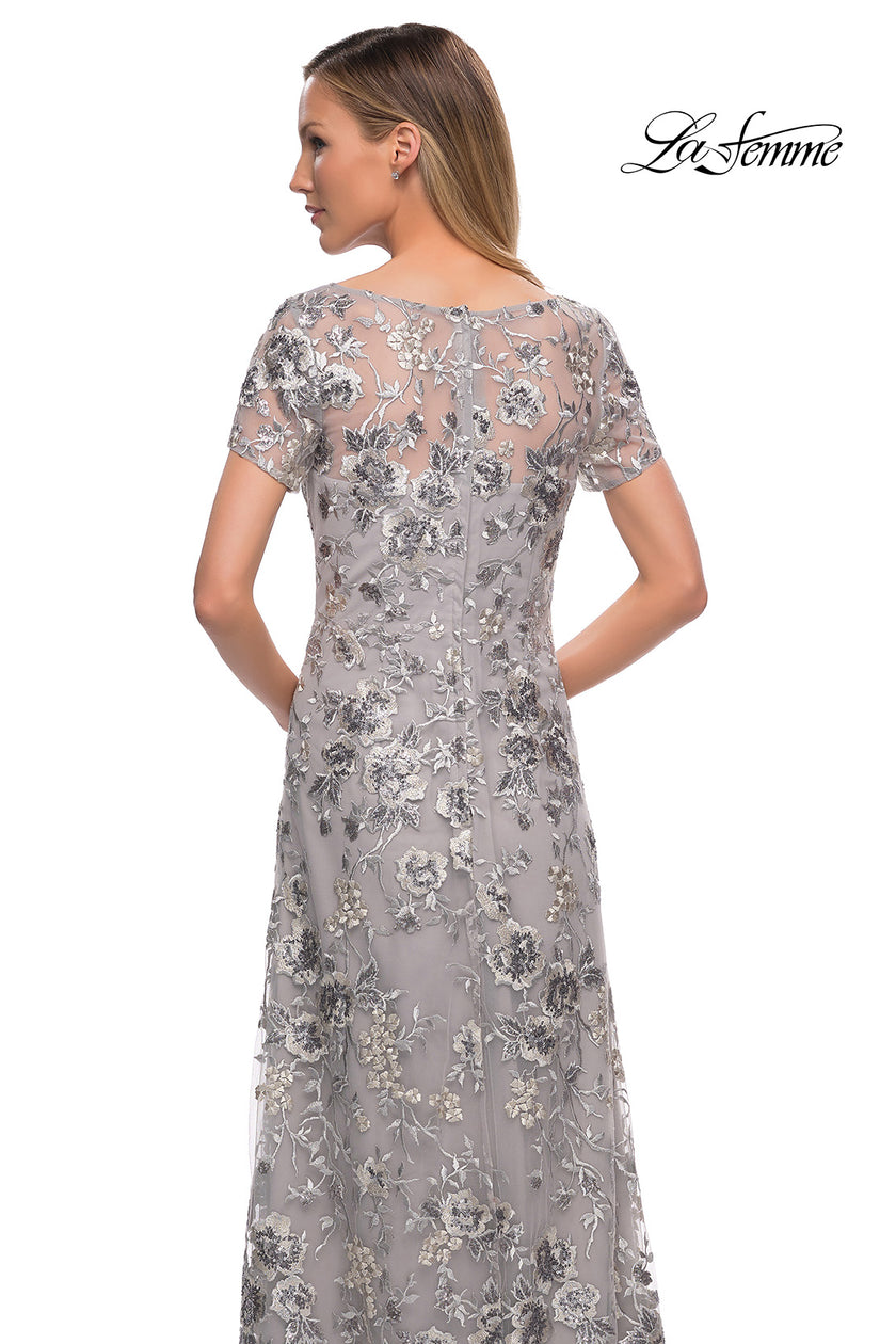 Picture of: Silver Lace and Sequin Long Gown with Short Sleeves in Silver, Detail Picture 2