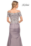 Picture of: Off the Shoulder Satin and Lace Beaded Mermaid Gown in Silver, Style: 30045, Detail Picture 2