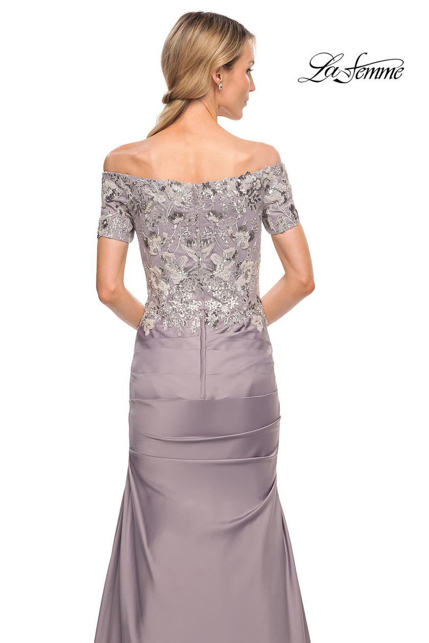 Picture of: Off the Shoulder Satin and Lace Beaded Mermaid Gown in Silver, Style: 30045, Detail Picture 2